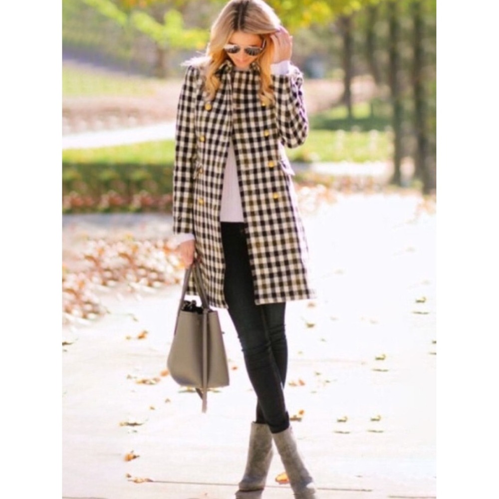 J.Crew Women Wool Buffalo Check Plaid Double Breasted Gold Button Coat Black - Picture 12 of 15